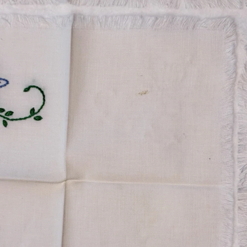 VTG Embroidered Blue White Floral Table Topper 31x38 & 4 Napkins Crochet Trim